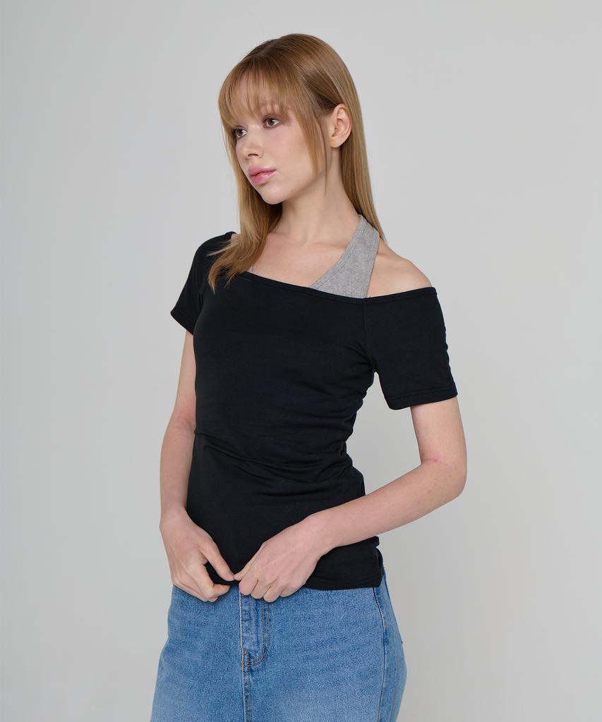 5OML V-Neck Halterneck Layered Short Sleeve Black