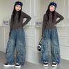 Girls' Retro Wide-Leg Cargo Jeans with Big Pockets - Distressed Loose Fit for Spring & Autumn
