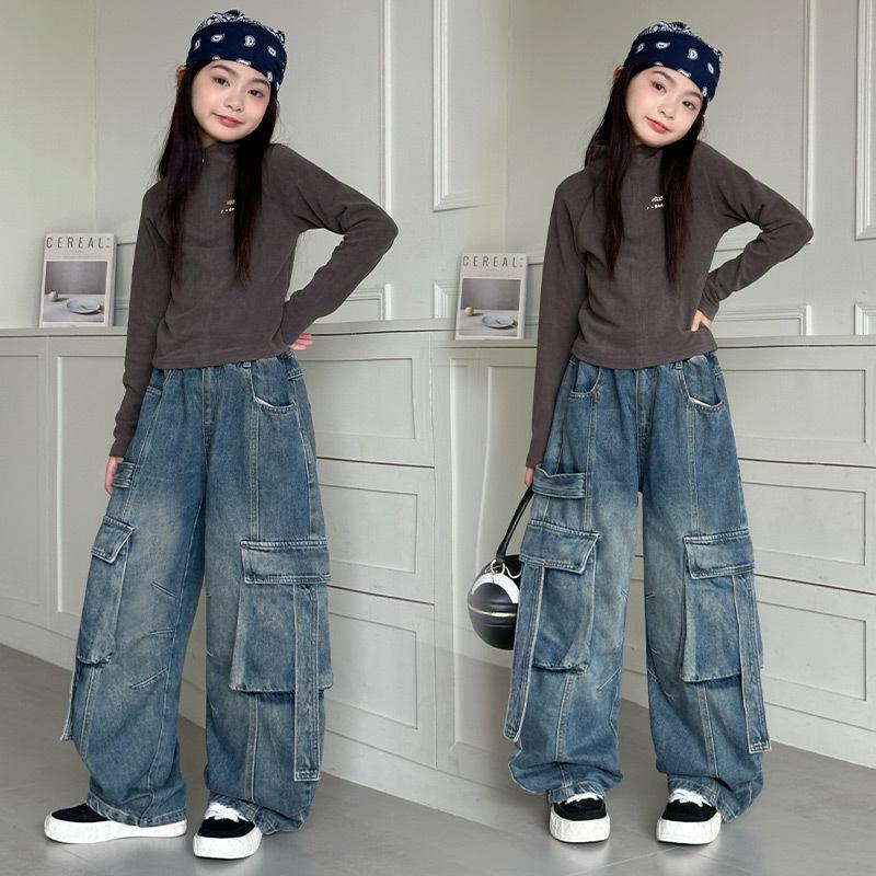 Girls' Retro Wide-Leg Cargo Jeans with Big Pockets - Distressed Loose Fit for Spring & Autumn