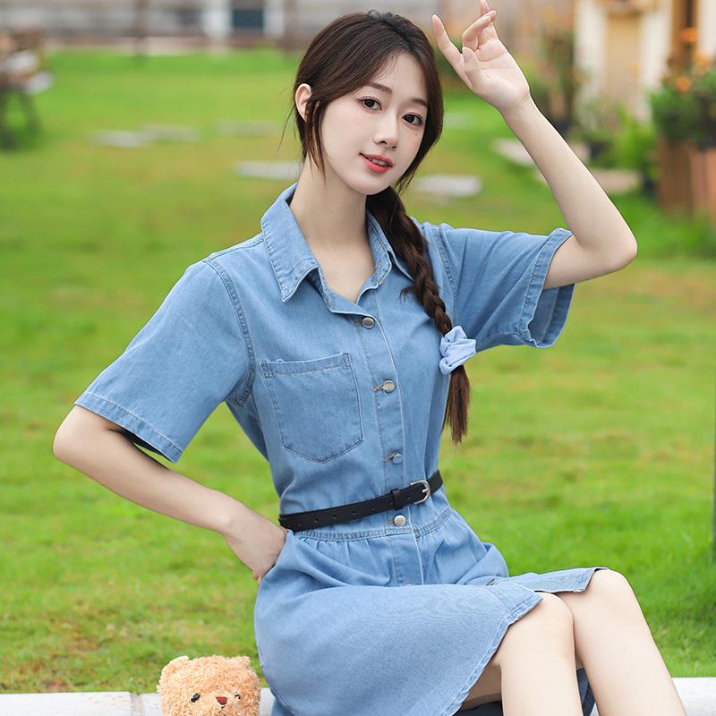 2026 European & American Washed Denim Ruffle Slimming Dress with Lapel