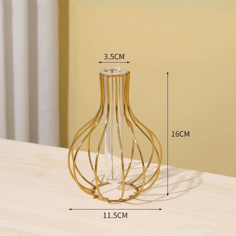 1 Set Golden Vase Metal Flowers Pot Hydroponic Container Test Tube Vase Modern Luxurious Home Desk Decoration Alloy Glass Vases
