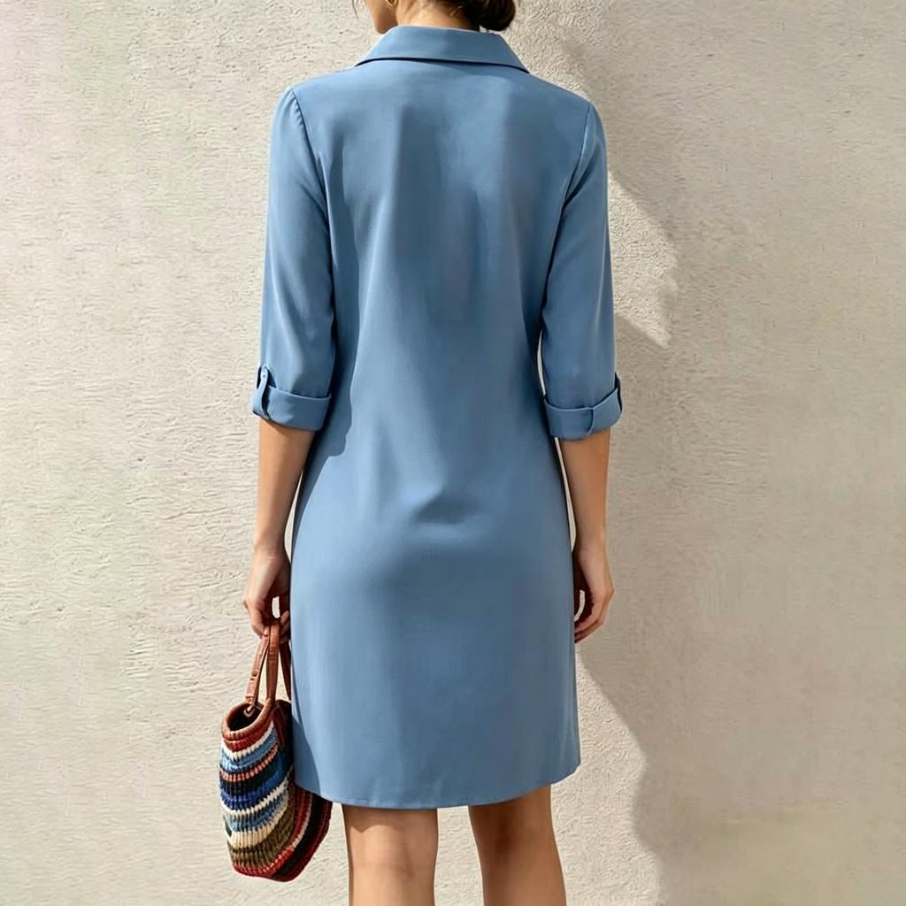 Abito Chemisier Casual da Donna Vestibilità Larga Abbottonatura Frontale Dettaglio Tasca Manica a Tre Quarti Collo Maniche Lunghe Abito Tunica per l'Uso Quotidiano