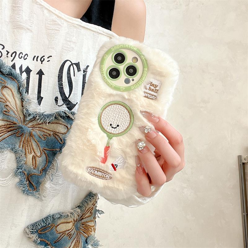 Fall/Winter Round Hole Cute Fun Sports Racket Plush Case for iPhone 16 Pro Max 15 14 Plus 13 Pro 12 11 All-inclusive Fall Protection Cover