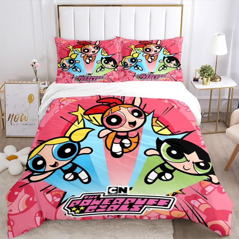 Powerpuff Girls Abenteuer Druck 3-teiliges Bettwäsche-Set Bettbezug mit 2 Kissenbezügen Zuhause Geburtstagsgeschenk