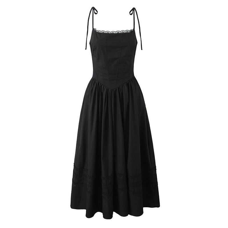 Gothic Hepburn Style French style High Sense Lace Stitching Sexy Temperament Slimming Lace-up Sling Dress Long dress