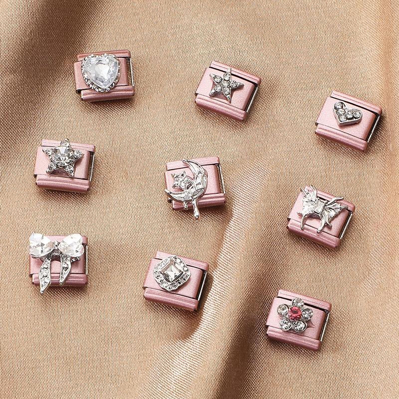 Pink Color Y2K Butterfly Star Bow Rabbit Heart Pendant Italian Charm Links Fit 9mm Stainless Steel Bracelet DIY Making Gifts