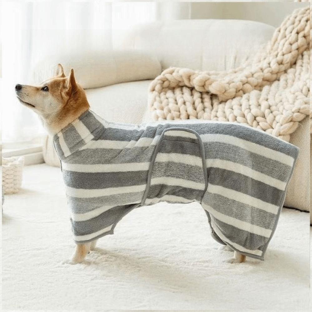 Super Absorbent Coral Velvet Towel Quick-Dry with Adjustable Belly Strap Dog Bathrobe Thickned Soft Striped Dog Towel