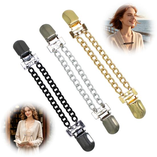 Fashionable Shawl Holders 3Pcs Vintage Sweater Clips for Women Girls, Retro Double Chains Cardigan Clips, Elegant Collar Clip Clothing Decorative