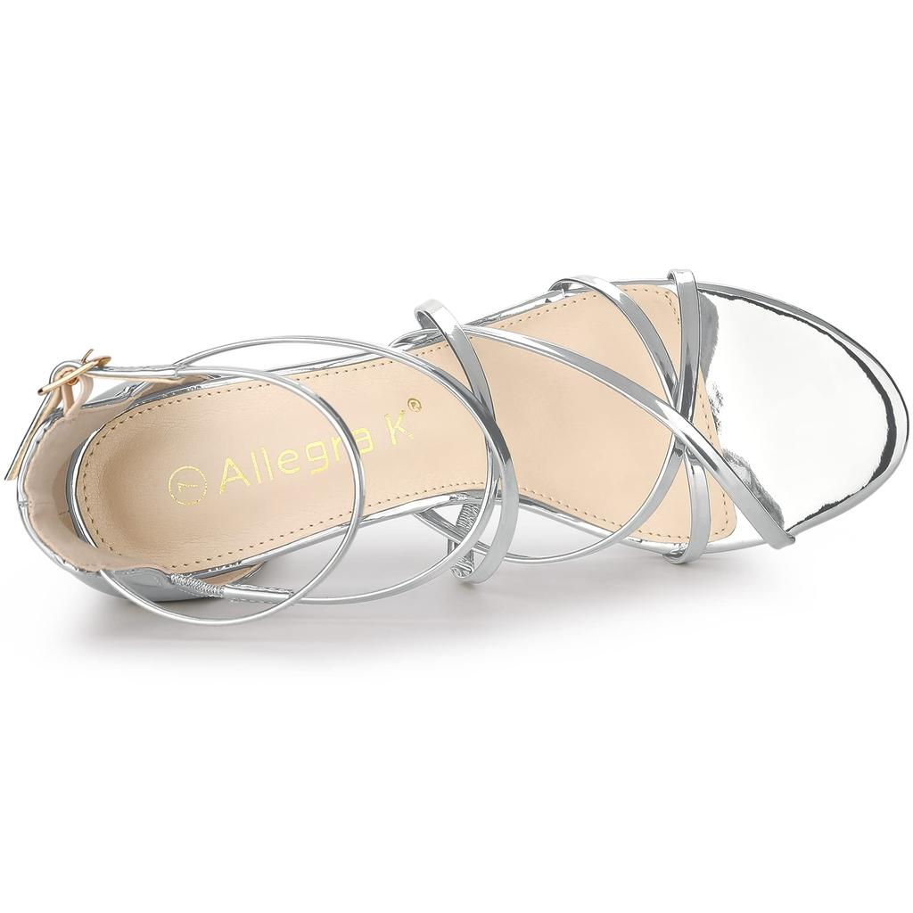 Allegra K Women's Silver Strappy Sandals with Shiny Block Heels, Size 27.0cm