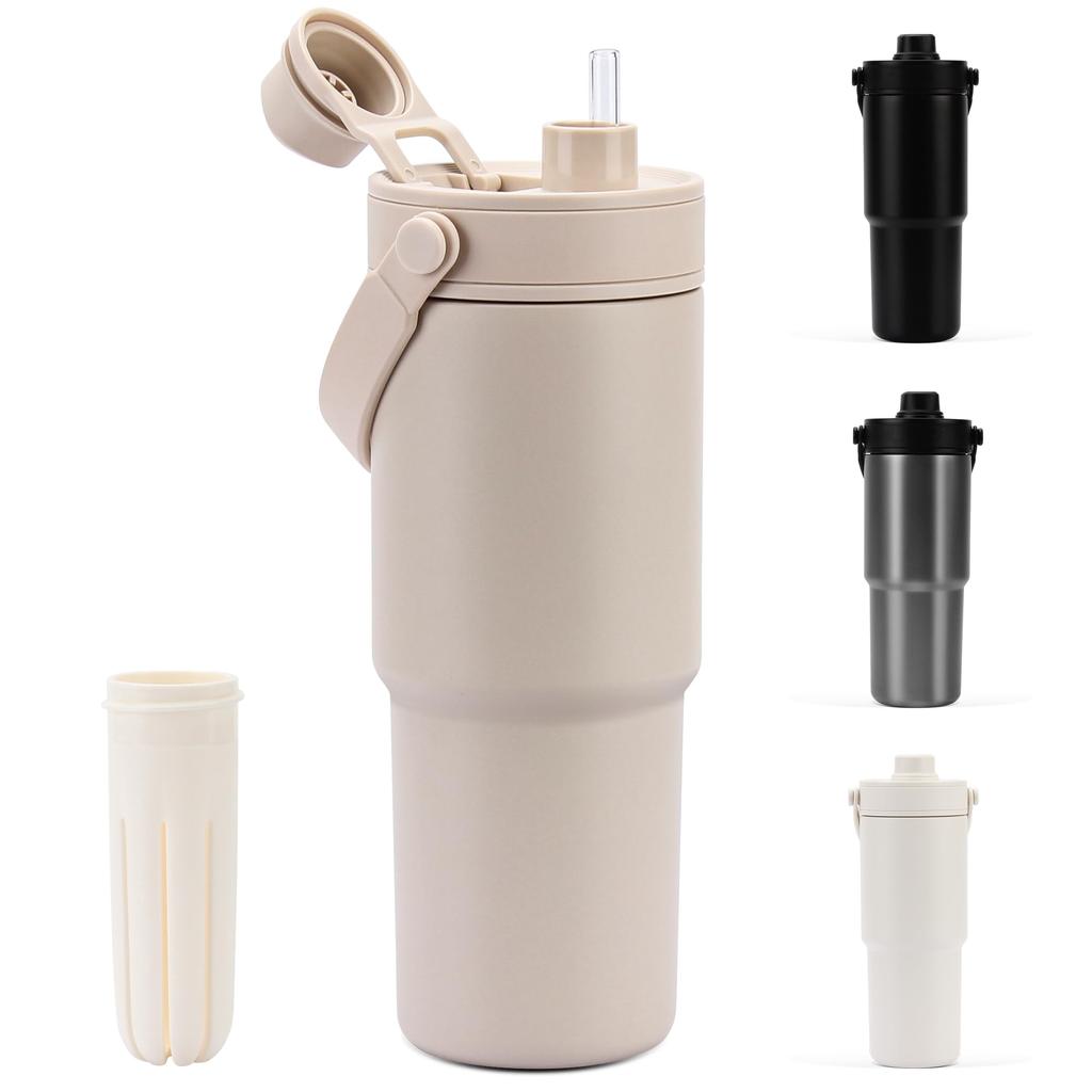 CLICSUN 735ML Ceramic Tumbler with Large Direct Vacuum Keeps Hot or Dishwasher with Portable for and Khaki Straw, Lid, Capacity, Drinking, Insulated,