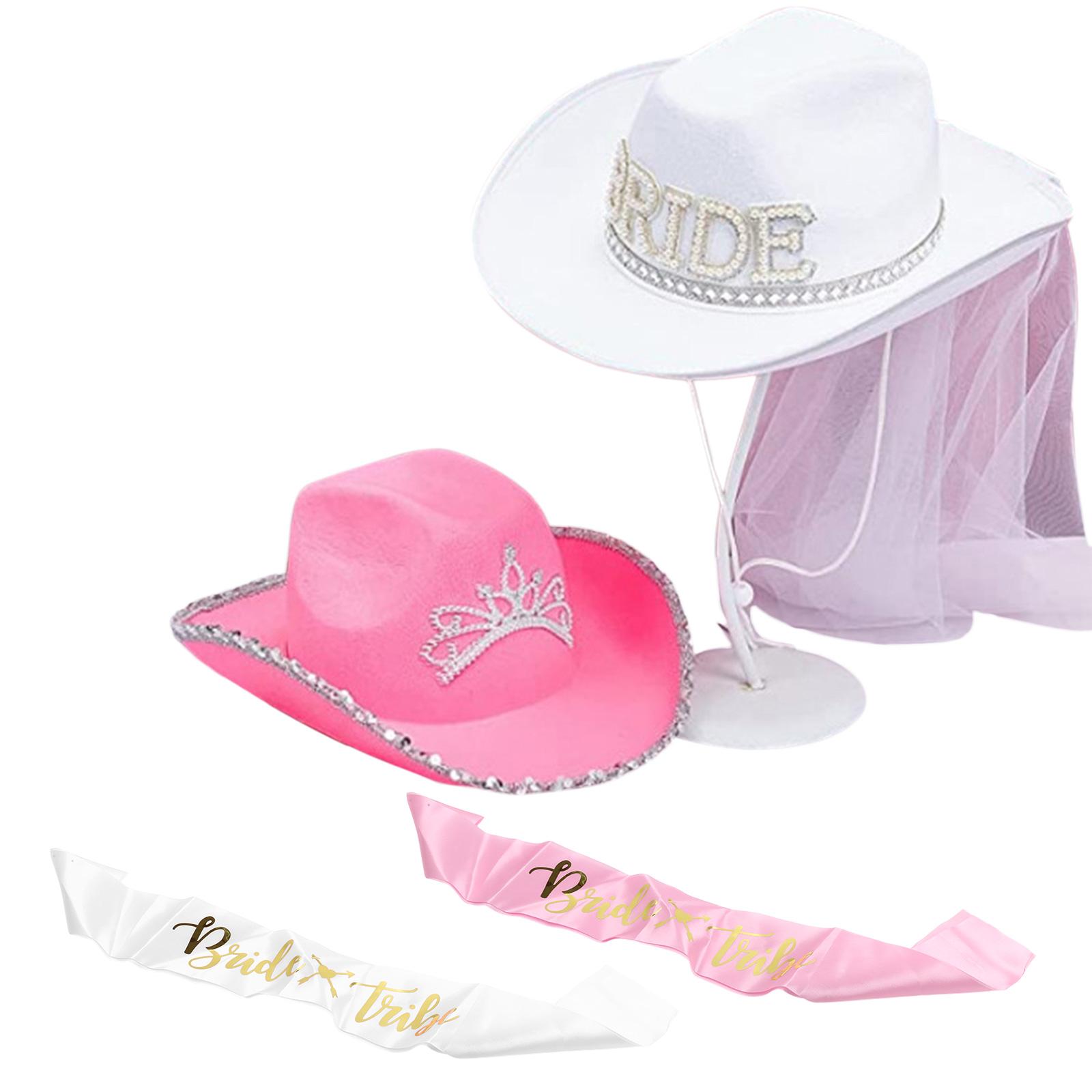 

Pink/White Cowgirl Hat for Bridal Party Wide Brim Cowboy Hat Fashion Music Festival Suit Glitter Letter Sash Costume Set 2