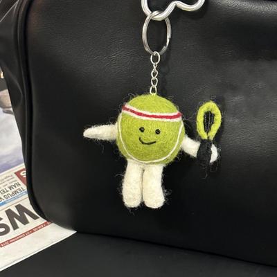 Handmade Wool Felt Tennis Keychain Cute Tennis Ball And Racket Charm with Smile Face Sporty Bag Accessory Gift