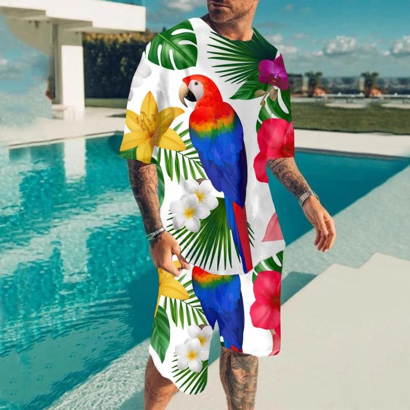 New Hawaii Sets Parrot Tracksuit Men Short Sleeve T-shirt Vacation Streetwear T Shirts Shorts 2 Piece Sportswear L