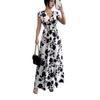 2026 European and American Women's Clothing, Standing Short-sleeved Lace-up Waist Dress, Printed V-neck Dress