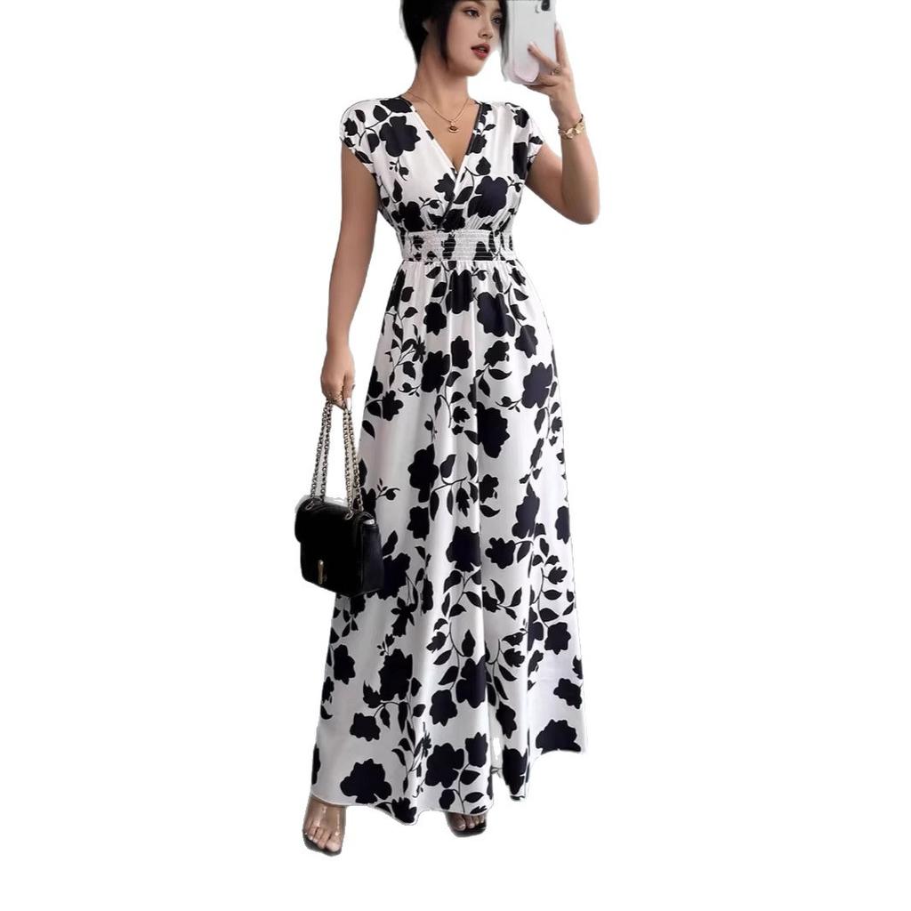 2026 European and American Women's Clothing, Standing Short-sleeved Lace-up Waist Dress, Printed V-neck Dress