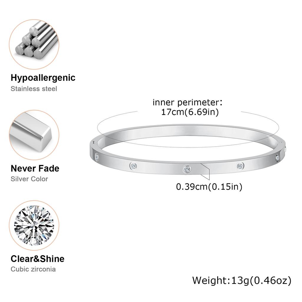 Luxury Cubic Zircon Stainless Steel Bracelet for Women, Gold Plated Waterproof Openable Bangle, High Quality Charm Jewelry Gift