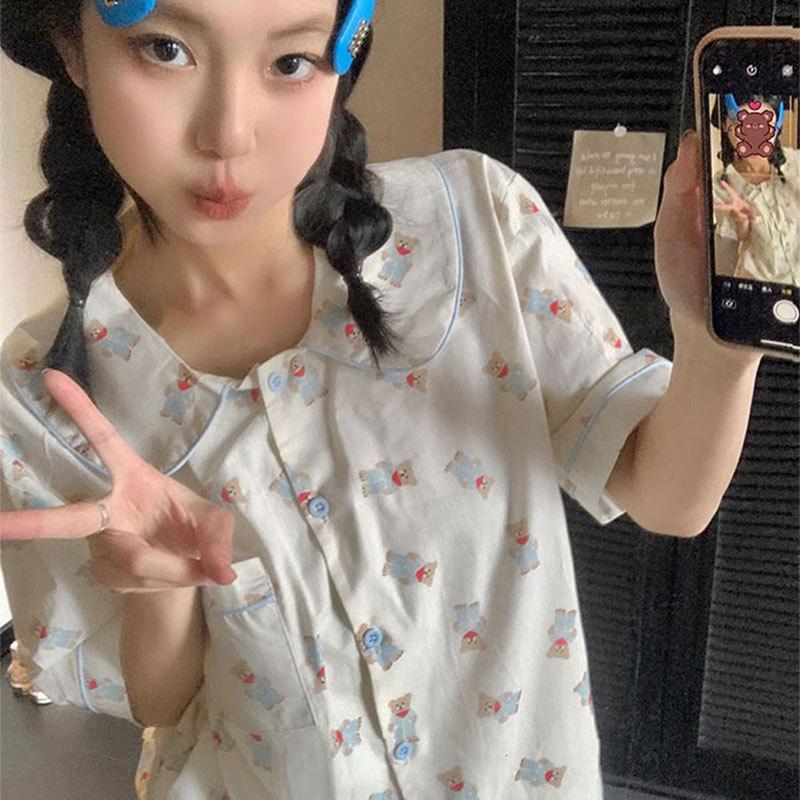 Summer Pajamas Women's Imitation Cotton Korean Cute Cartoon Sweet Student Short-sleeved Loungewear Suit