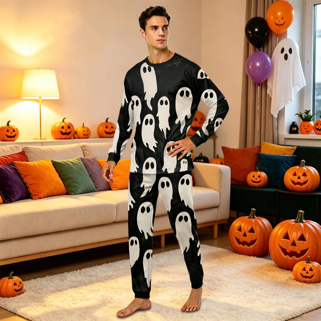 Parent-Child Halloween Printed Long Sleeve Pajama Set with Matching Tops and Pants for Family