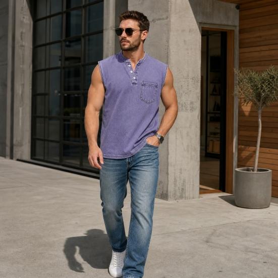 Men's Sleeveless Shirts, V Neck Breathable Shirts, Casual Summer Lightweight Pocket Top, Button Up Solid Color Stretchable Top for Summer