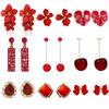 Red Flower Cherry Drop Earrings for Women Enamel Oil Heart Water Droplet Velvet Ball Oval Square C Shape Dangle Earrings Jewelry