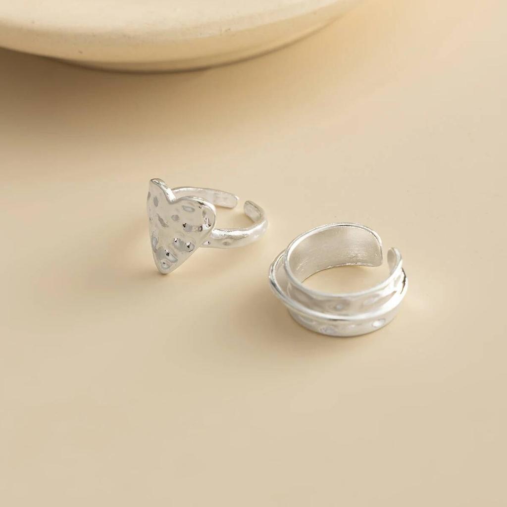 Salircon 2Pcs/Set Punk Geometric Unsmooth Love Heart Open Rings Women Simple Silver Color Finger Ring Party Jewelry Accessories