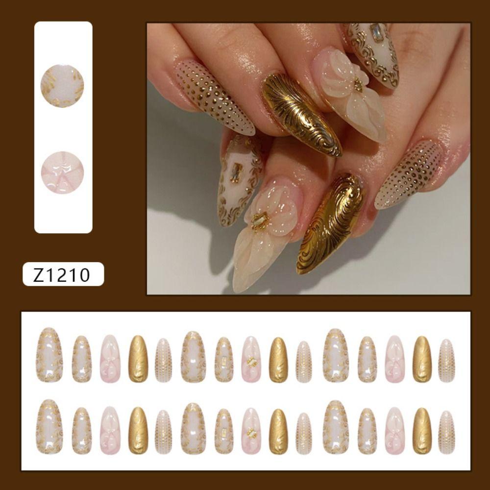 Long Almond Fake Nails Flowers Nail Tips Manicure Press On Nails Women