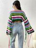 Women's Rainbow Stripe Tassel Knitted Sweater Sexy Ultra Short Open Umbilical Loose Sweater