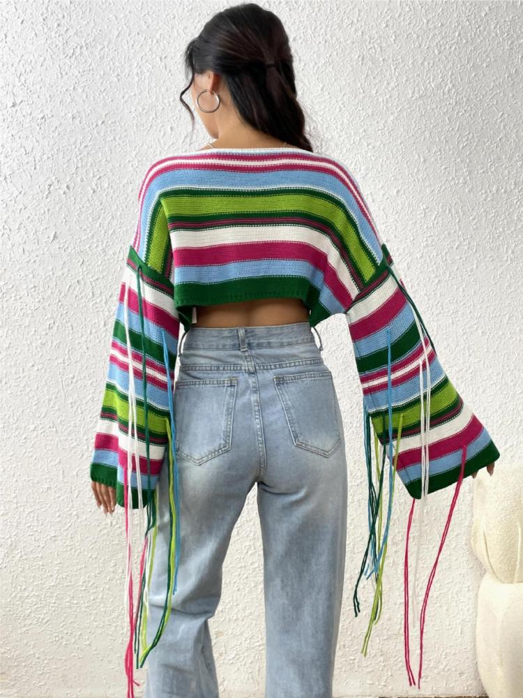 Women's Rainbow Stripe Tassel Knitted Sweater Sexy Ultra Short Open Umbilical Loose Sweater