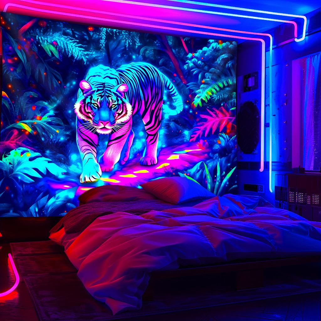 Neon Tiger Wall Tapestry Glow In Dark Jungle Art Psychedelic Blacklight Mural Modern Home Decor For Bedroom And Gaming Room