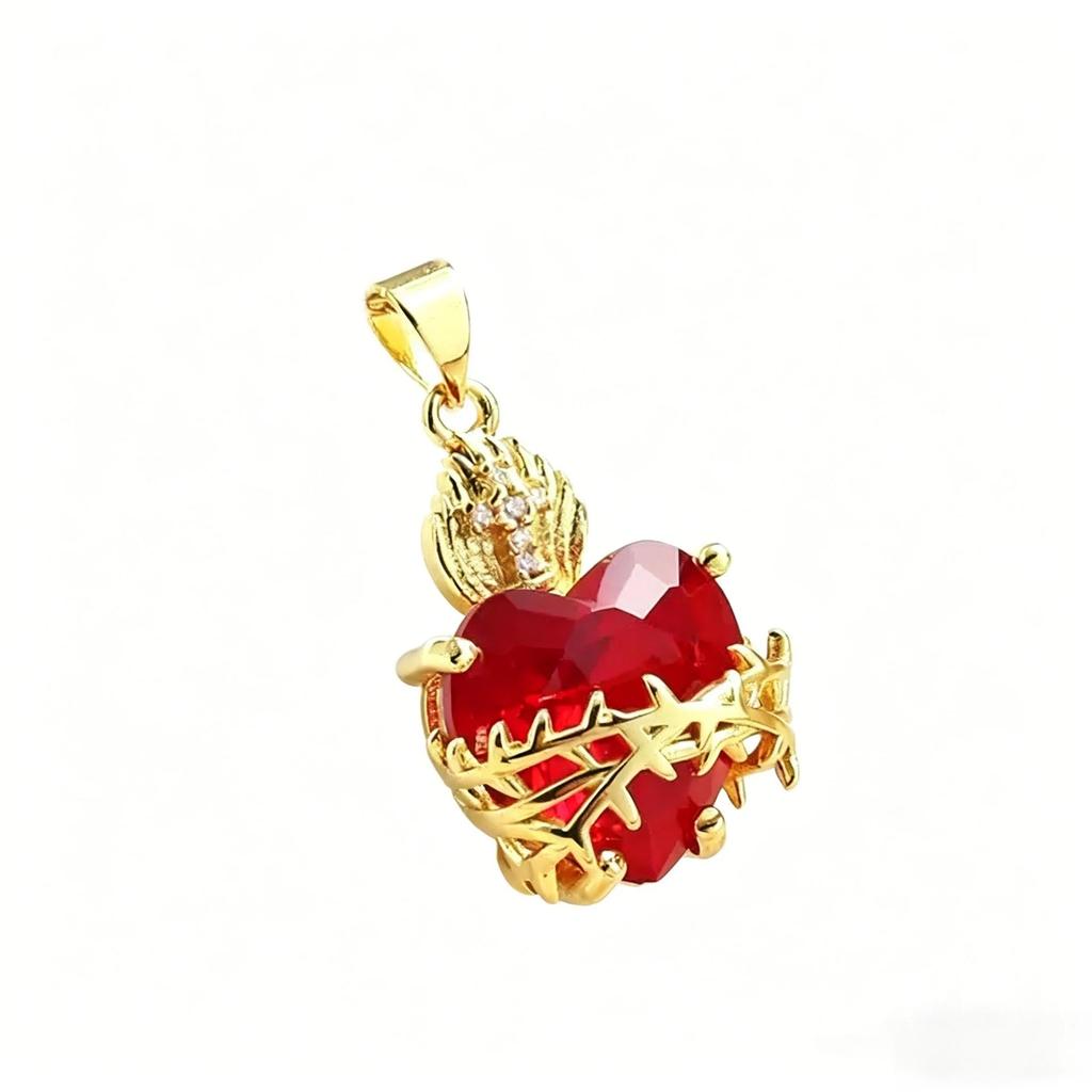 European & American Red Heart Zirconia Cross Pendant Necklace, Gold-Plated Copper, Peach Heart Design for Women.