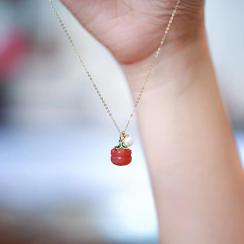 925 Silver Persimmon Ruyi Necklace, Natural South Red Agate Pearl Necklace, Female Minority Light Luxury Collar Chain, Sweater Chain