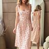 Summer French floral suspender dress, lace-up waist slim split A-shaped skirt medium and long vacation skirt