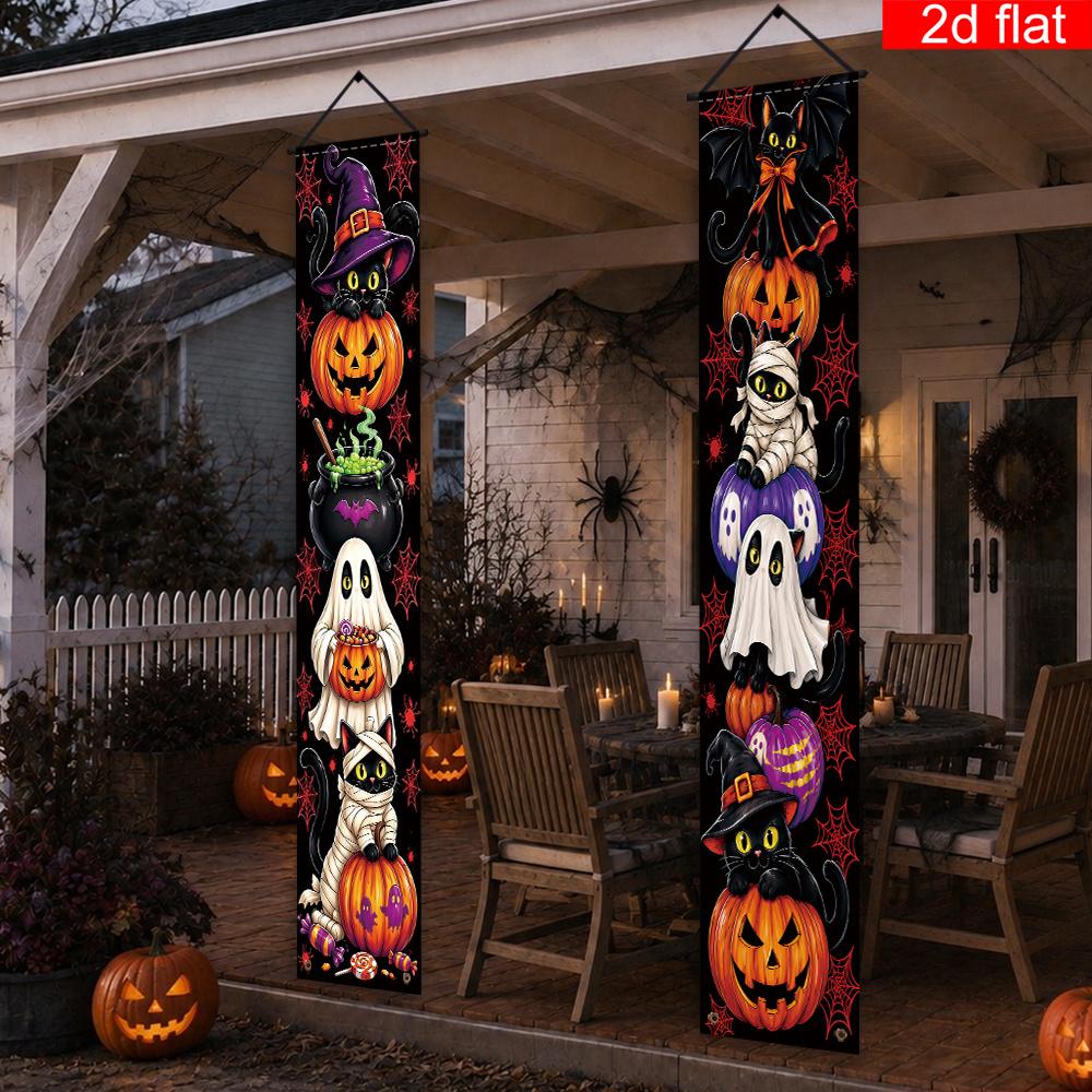 Halloween 2pcs Banner Polyester Cat Pattern Porch Decoration