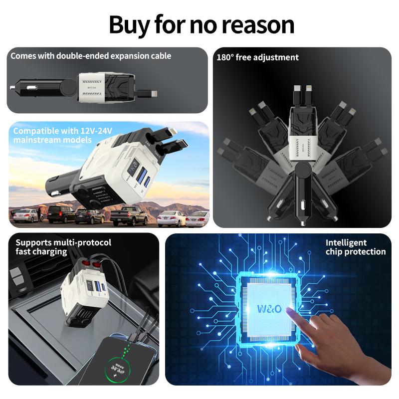 100W Car Charger Car Super Fast Charge Flash Charging, Telescopic Cable Four-in-one Point Smoker Car Charging#Color