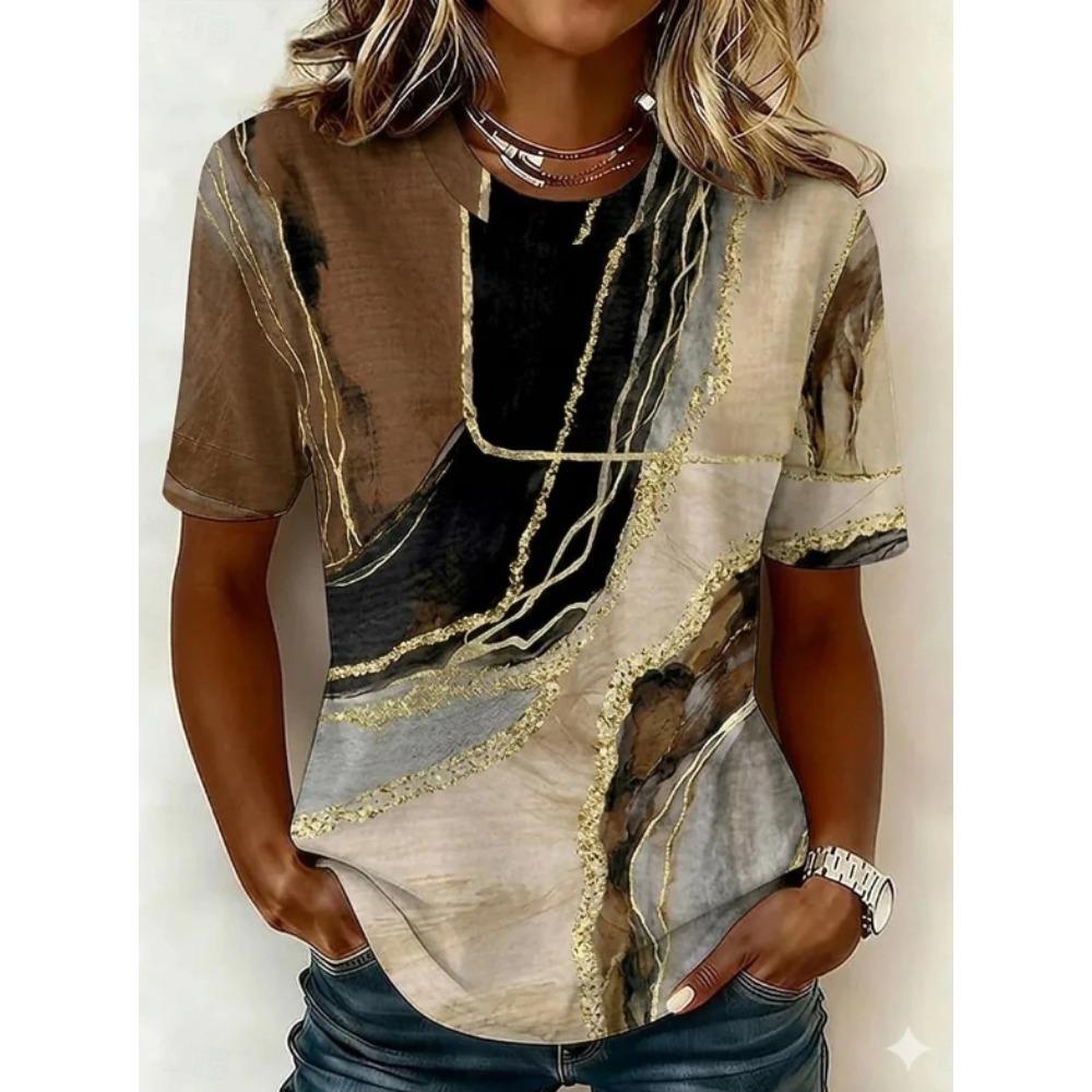 Fashion Women Retro Creative Horizontal Gradient Print T Shirt Funny Casual O-neck Short Sleeves T-shirt Summer Female Tee Shirt