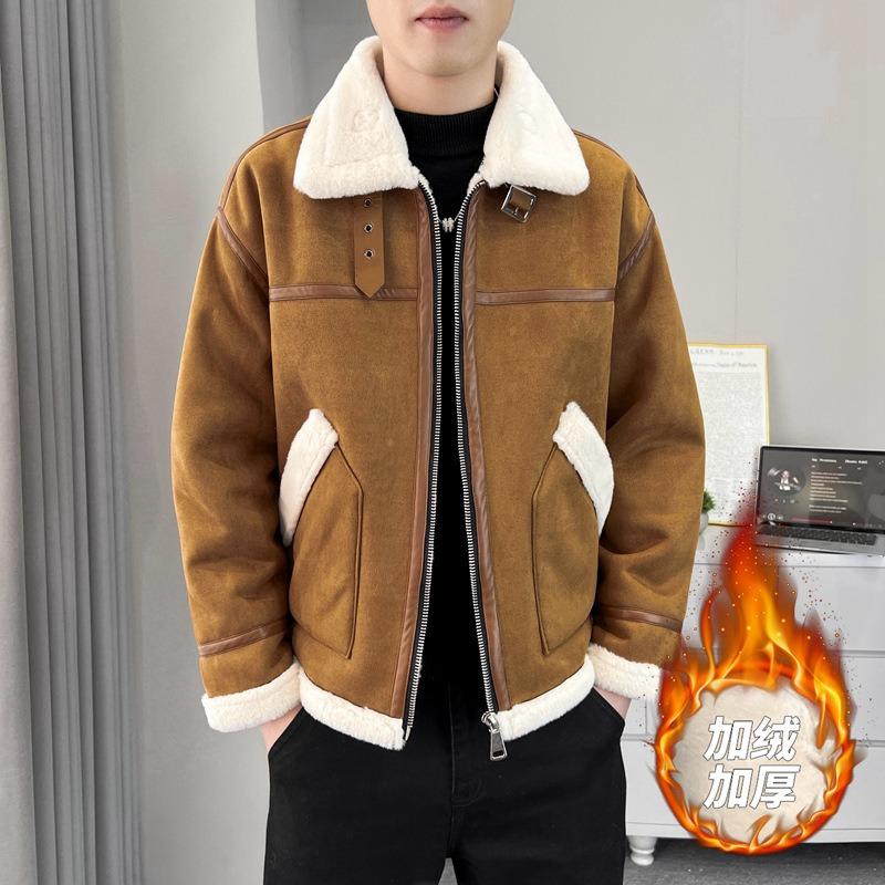 2025 Fall/Winter Fashion Versatile Fleece Thickened Fake Two Couple Embroidered Jackets Cargo Tops New Lapel Trendy Padded Clothes