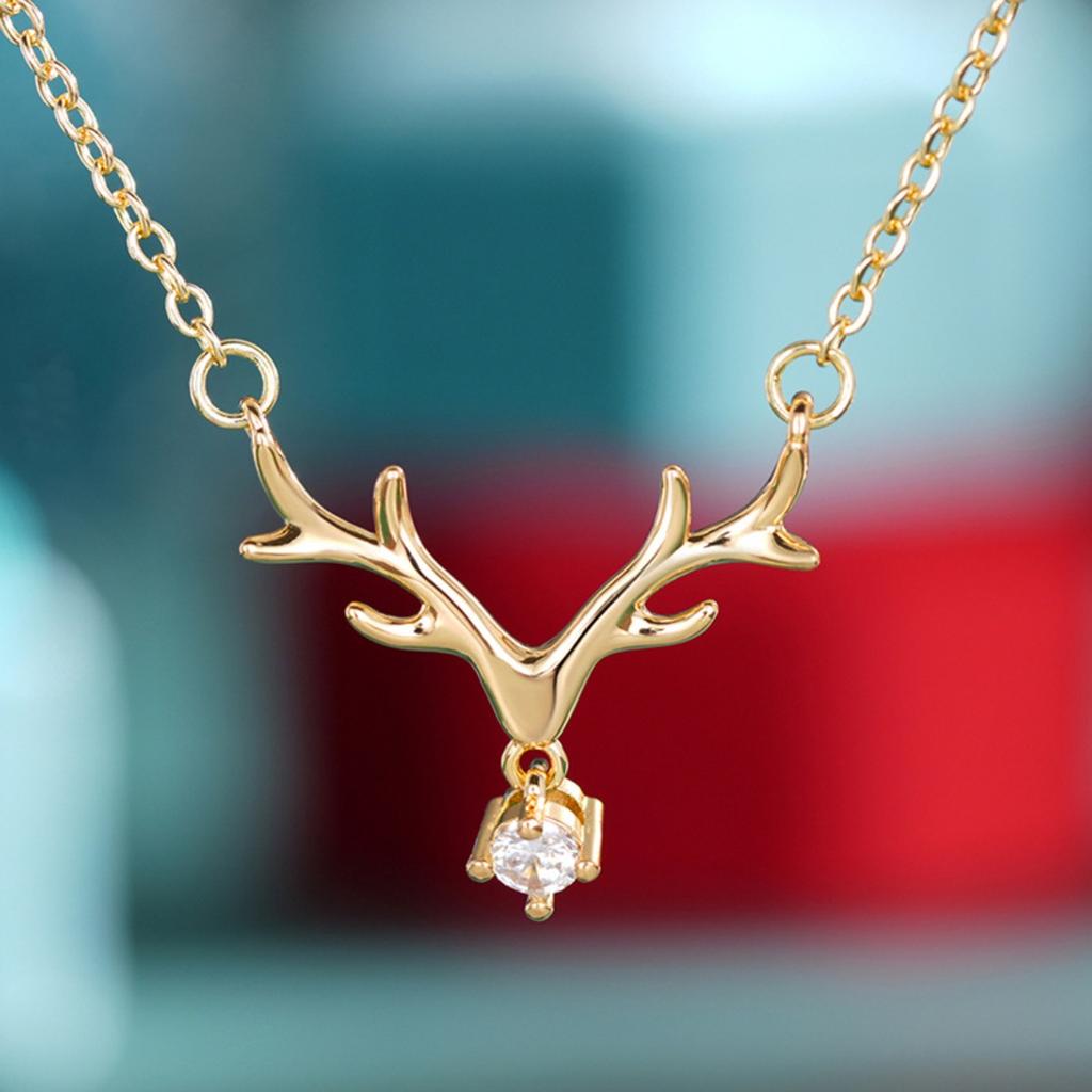 Symmetric Deer Antler Single Dangling Round Stone Pendant Women Cable Chain Clavicle Necklace
