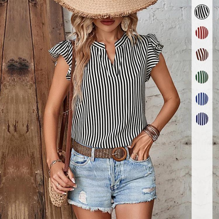 

Chic Women s V Neck Ruffle Striped Blouse Summer Short Sleeve Tops S чёрный