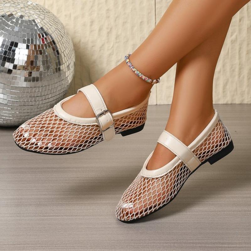 Mesh Flat Shoes Summer New Round Toe Shallow Mouth Breathable Cutout Metal Slip Strap Soft Sole Mary Jane Single Shoes