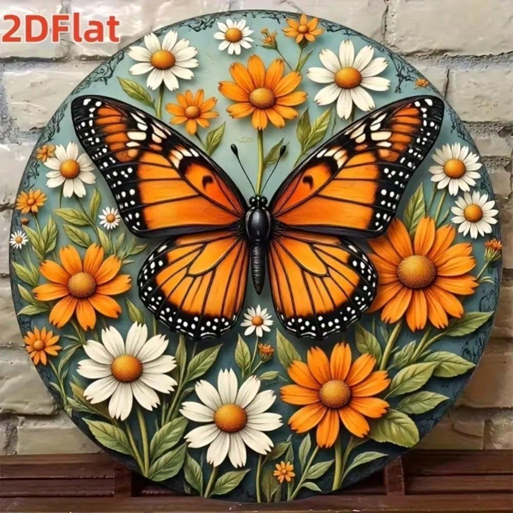 Vintage Metal Sign Butterfly Daisy Floral Artwork Weatherproof Tin Plaque for Outdoor Garden Patio Wall Decor
