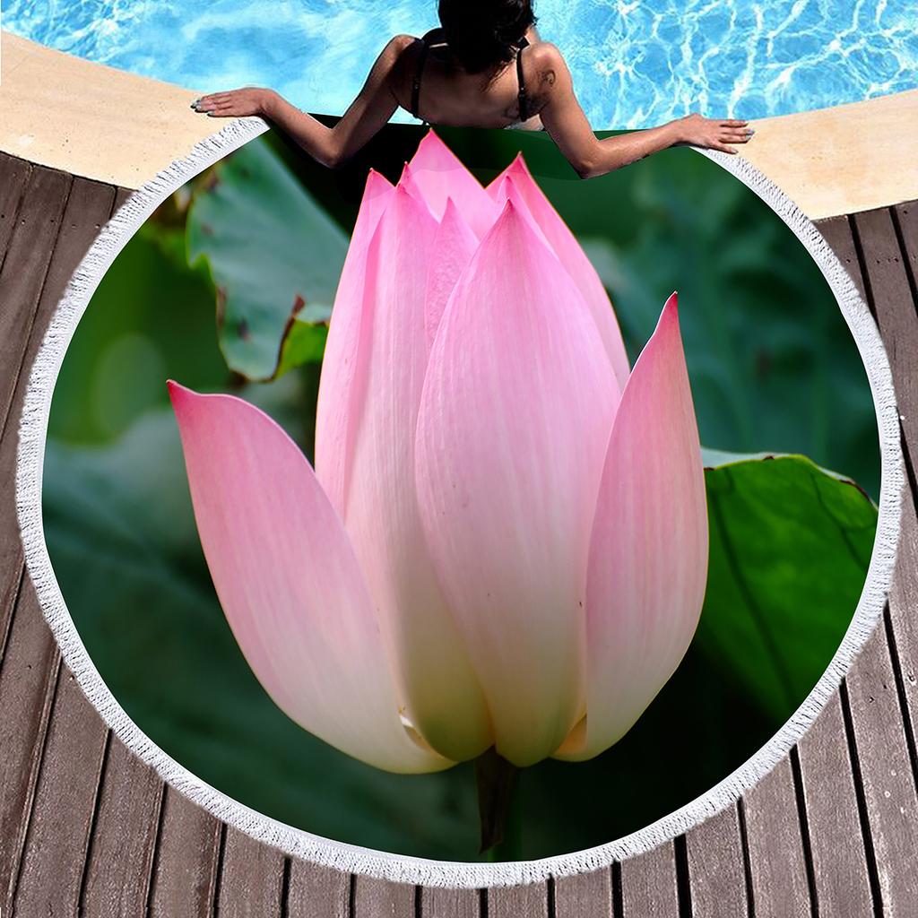 Lotus Pattern Round Beach Blanket, Microfiber Quick Dry Towel with Tassels for Picnic Bathroom Pool Surfing Outdoor Meditation