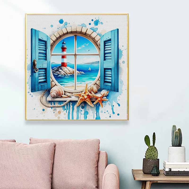 New Arrival 5D DIY Full Circle Diamond Painting "Window Seaside" Embroidery Cross Stitch Home Decor Gift