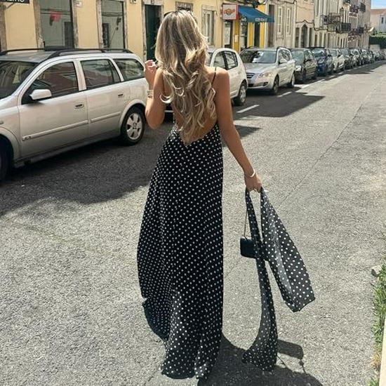 2026 European Summer Women's Polka Dot V-Neck Spaghetti Strap Backless Dress