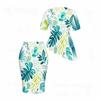 Women Plus Size Tropical Leaf Printed Round Neck Short Sleeve Asymmetric Top Fitted Skirt Two Piece Set