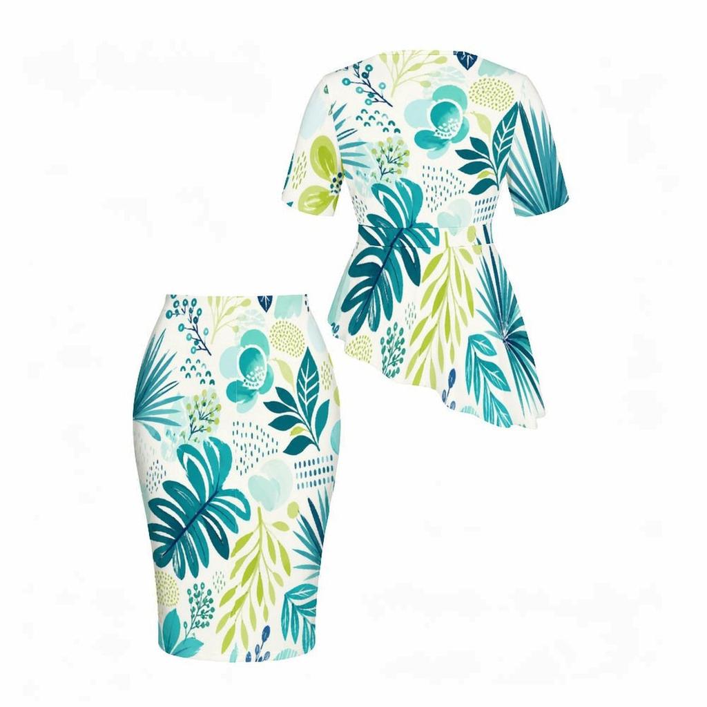 Women Plus Size Tropical Leaf Printed Round Neck Short Sleeve Asymmetric Top Fitted Skirt Two Piece Set