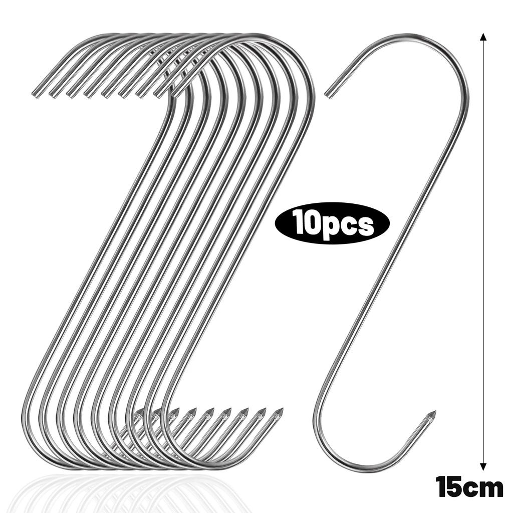 12/15CM S Hooks with Sharp Tip Stainless Steel Kitchen Butcher Meat Hanging Utensil Hook Pointed End for Smoking Processing BBQ