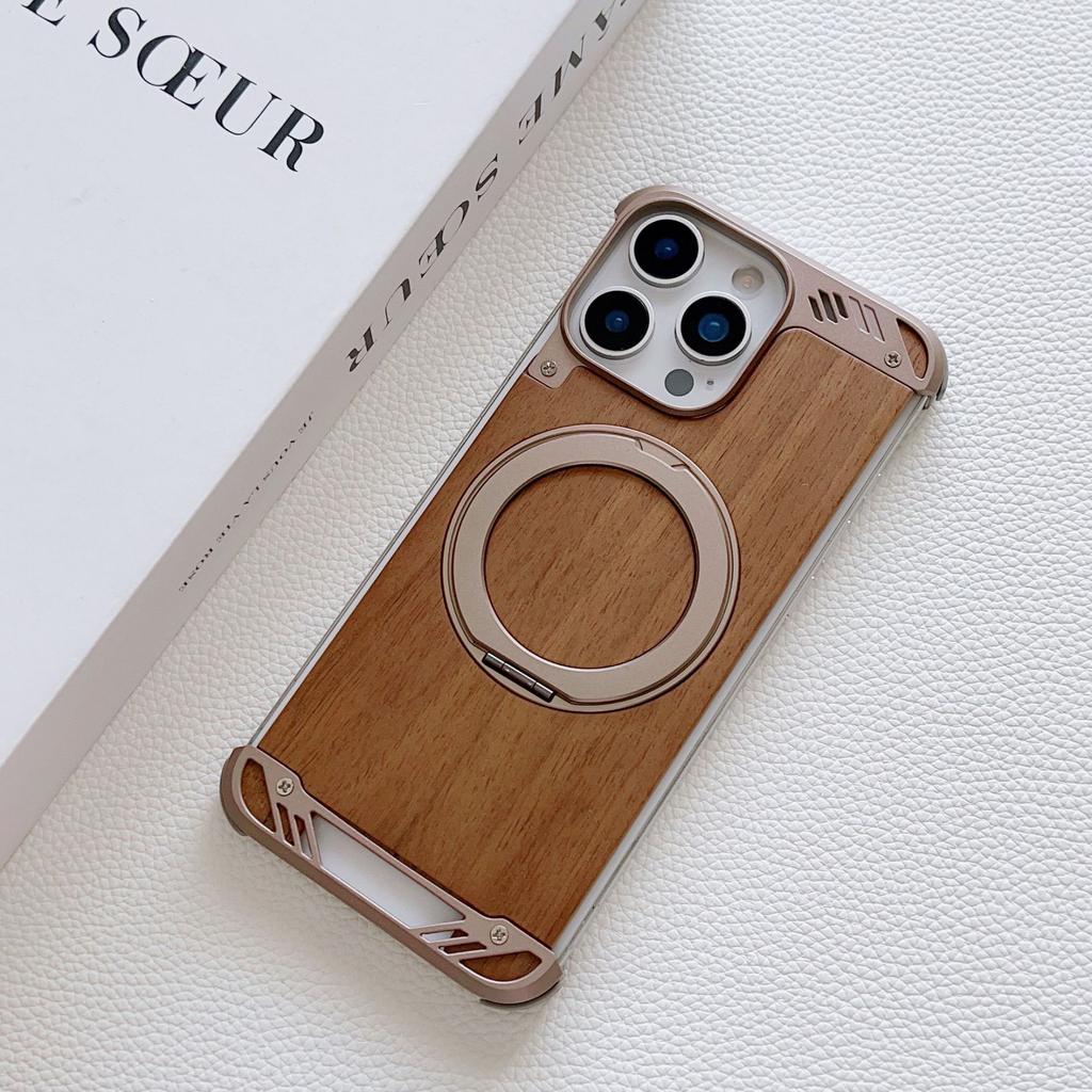Solid Wood Metal Aromatherapy Walnut Phone Case for Apple 17promax Rotating Bracket Magnetic Including Phone Grip