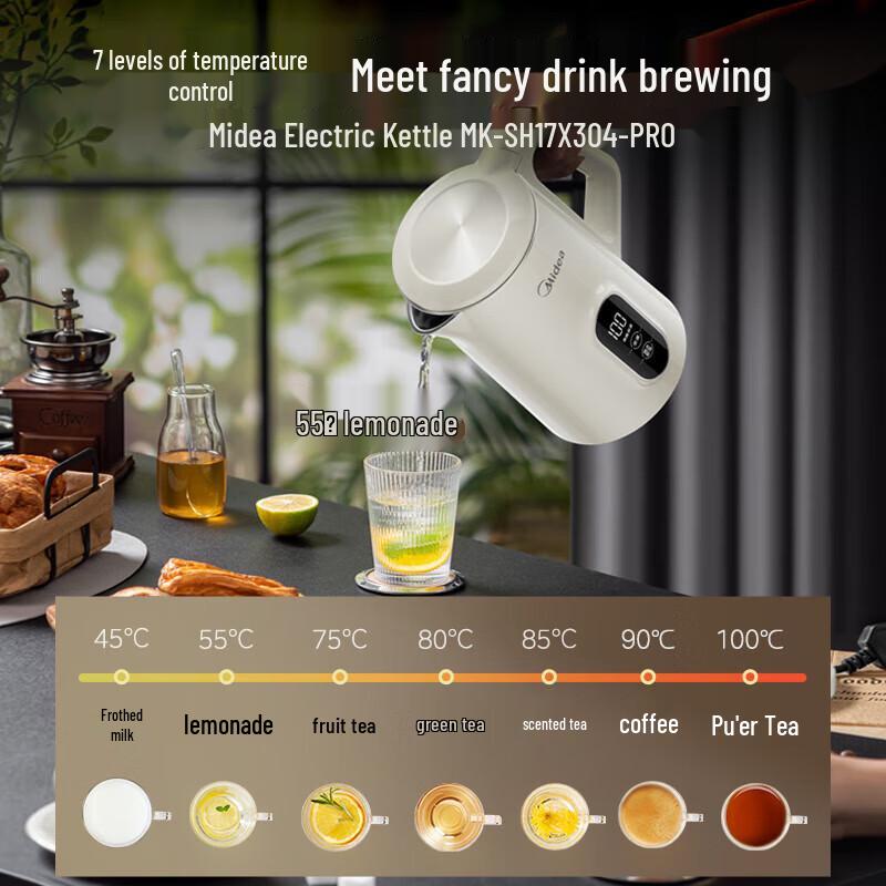 Midea 1.7L 316L Stainless Steel Electric Kettle with Digital Display CN plug (adapter included)