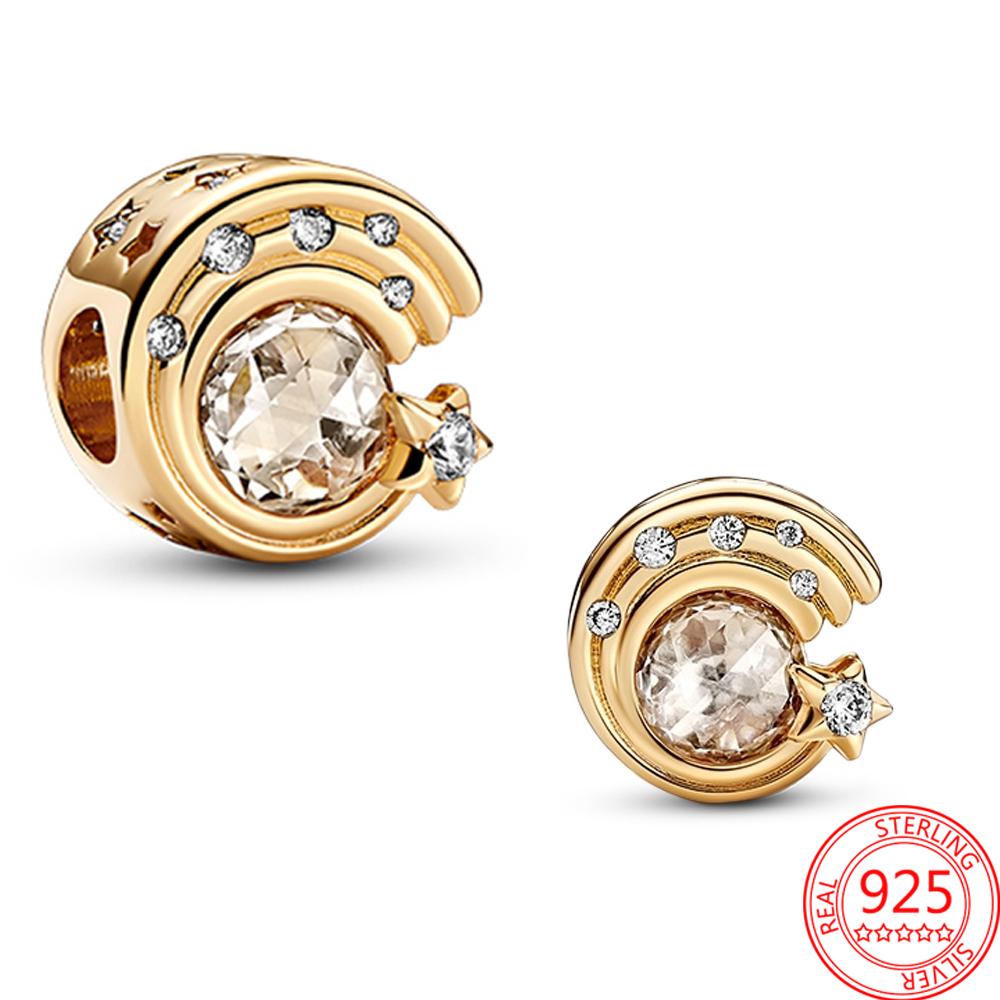 

Классический позолоченный мениск с цирконием и метеором, очаровательные бусины со звездами, подходят для модного браслета S925, серебряные женские украшения, подарок