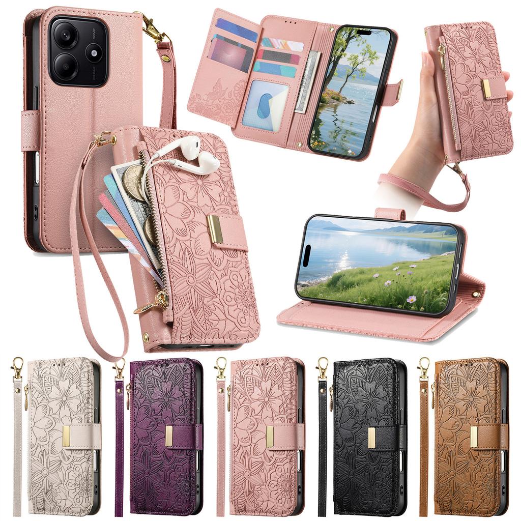 Floral Leather Wallet Case for Oppo A3 Pro/A5 Pro/Realme C63/C75/Reno12 F...Vintage All-in-One Card Holder w/Stand, Magnetic Closure & Wrist Strap